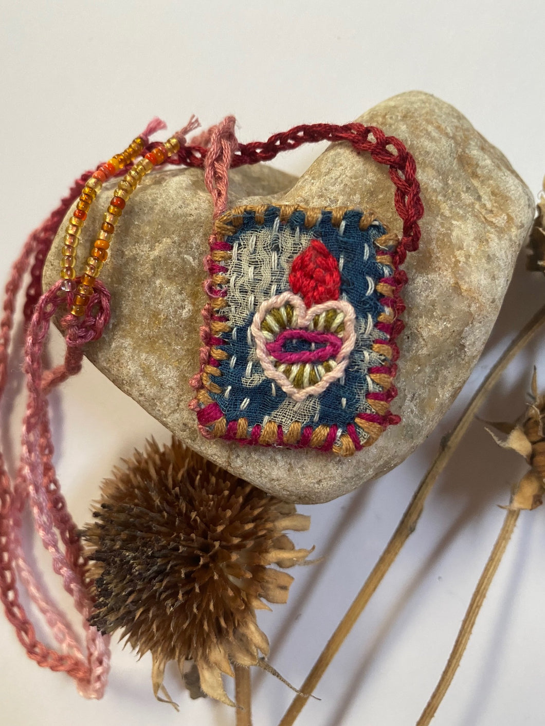 Embroidered Heart Pouch Necklace